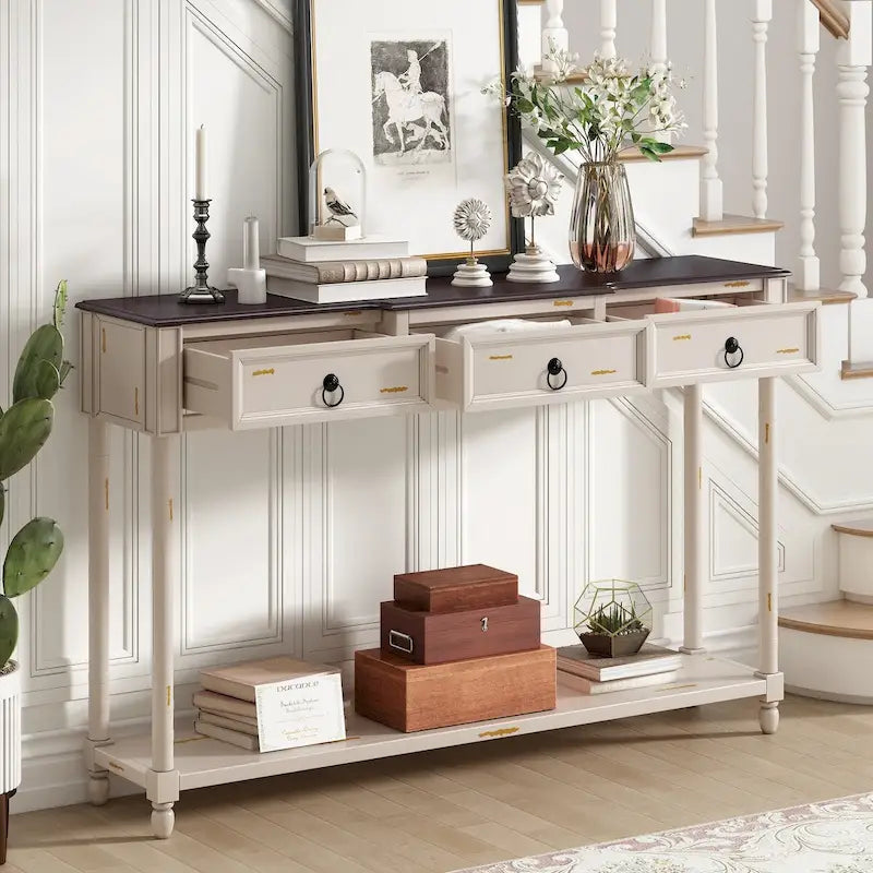 Rustic Wooden Console Table with Three Drawers and Lower Shelf