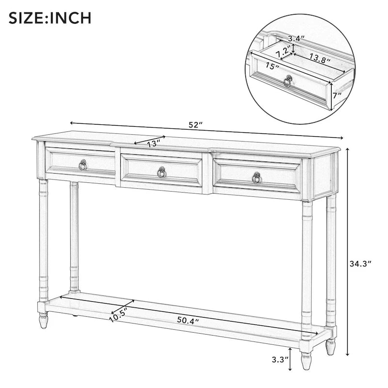 Rustic Wooden Console Table with Three Drawers and Lower Shelf