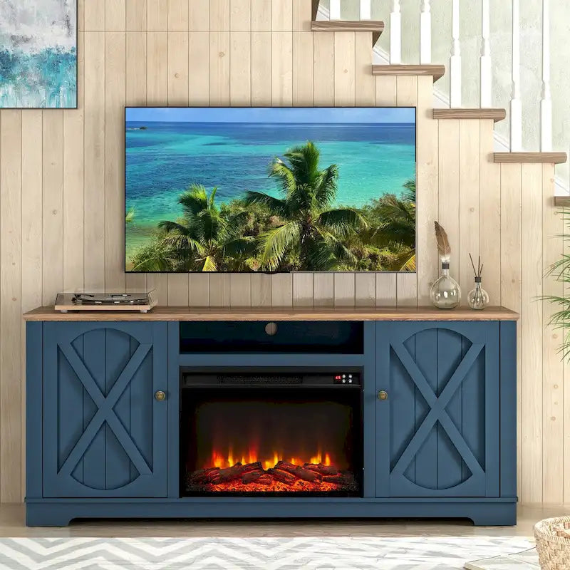 Farmhouse TV Stand with Electric Fireplace and Paneled Storage Cabinets