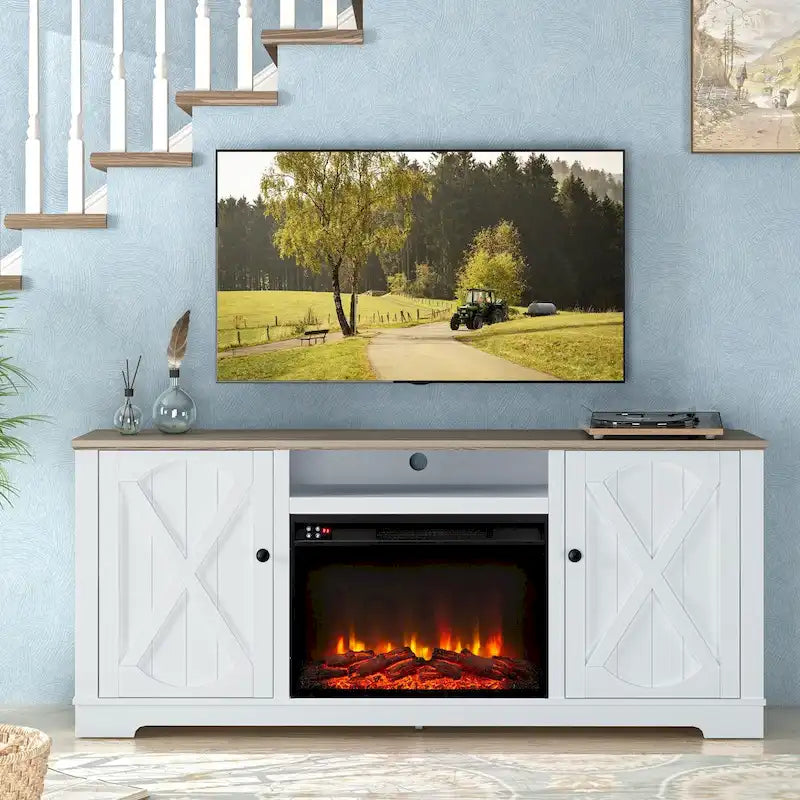 Farmhouse TV Stand with Electric Fireplace and Paneled Storage Cabinets