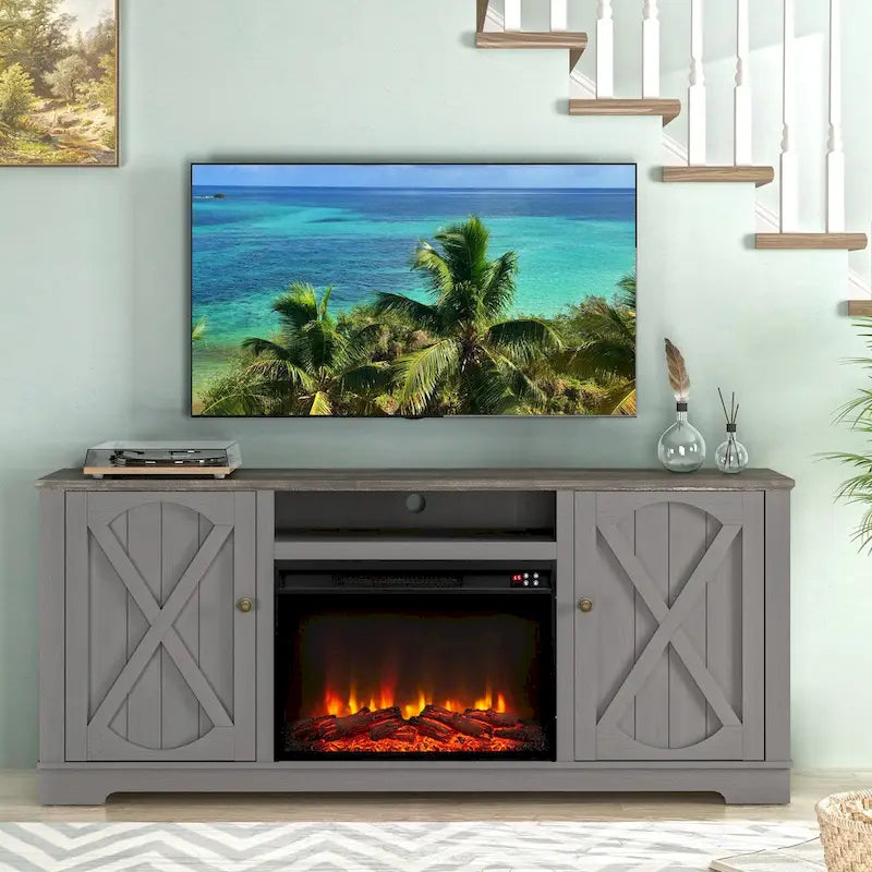 Farmhouse TV Stand with Electric Fireplace and Paneled Storage Cabinets