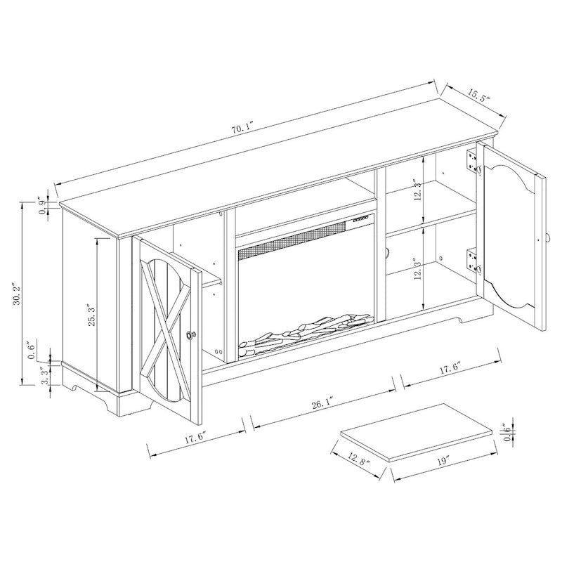 Farmhouse TV Stand with Electric Fireplace and Paneled Storage Cabinets