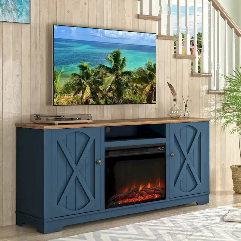 Farmhouse TV Stand with Electric Fireplace and Paneled Storage Cabinets