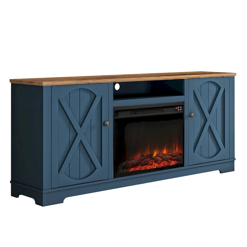 Farmhouse TV Stand with Electric Fireplace and Paneled Storage Cabinets