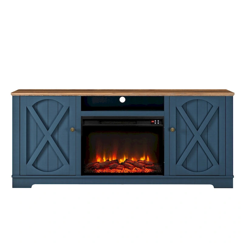 Farmhouse TV Stand with Electric Fireplace and Paneled Storage Cabinets