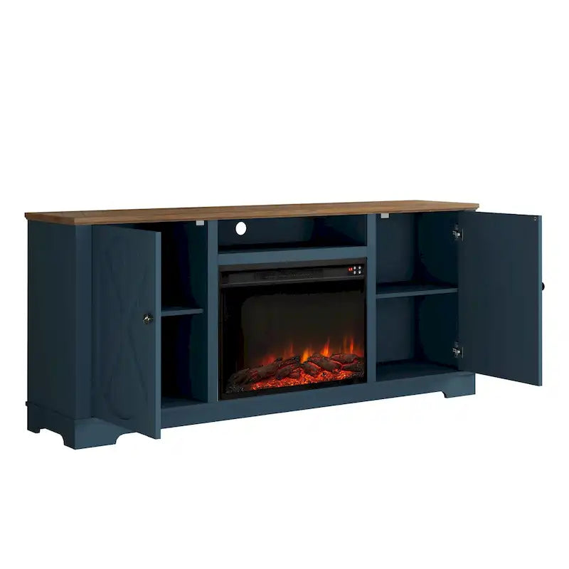 Farmhouse TV Stand with Electric Fireplace and Paneled Storage Cabinets