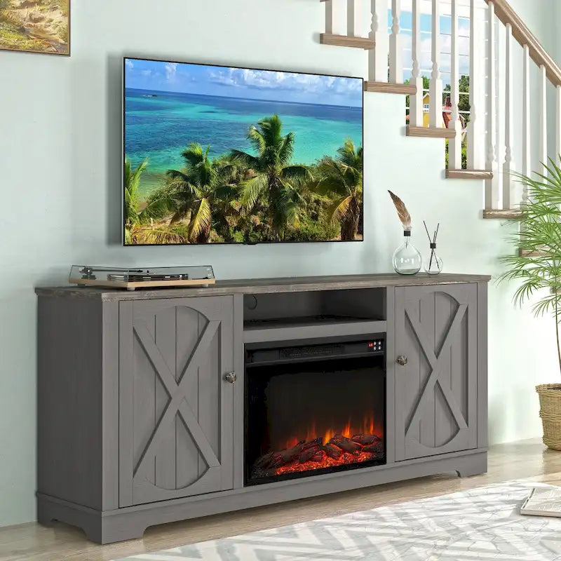 Farmhouse TV Stand with Electric Fireplace and Paneled Storage Cabinets