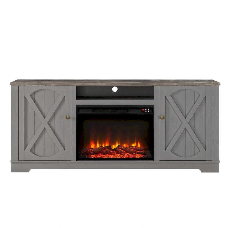 Farmhouse TV Stand with Electric Fireplace and Paneled Storage Cabinets
