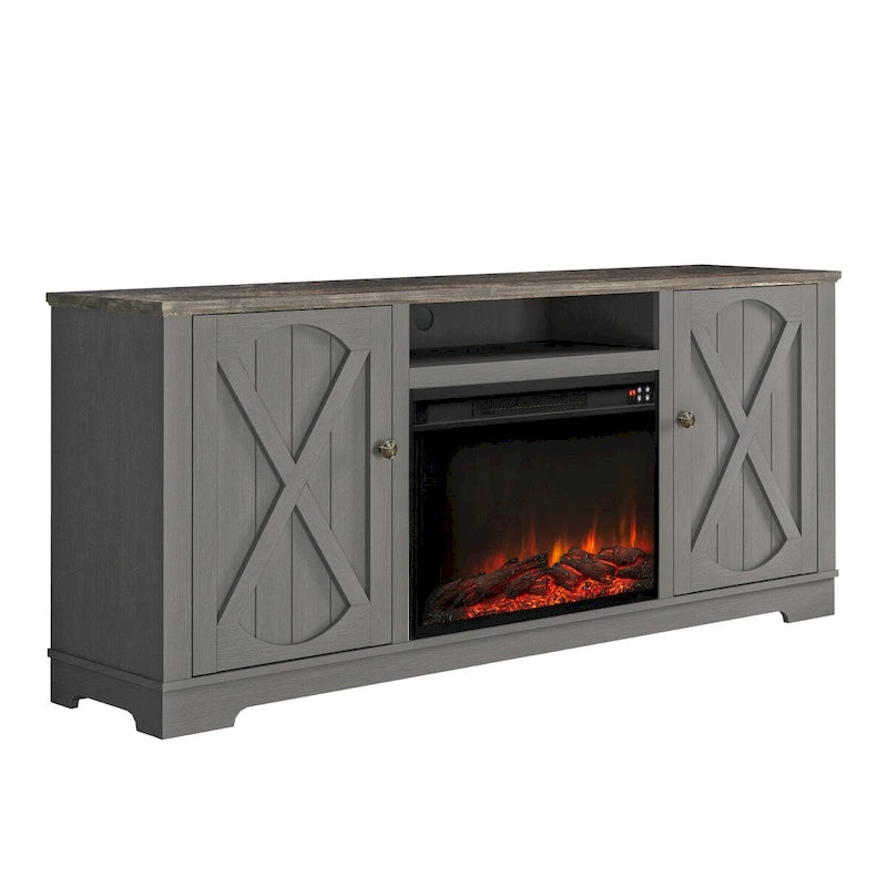 Farmhouse TV Stand with Electric Fireplace and Paneled Storage Cabinets