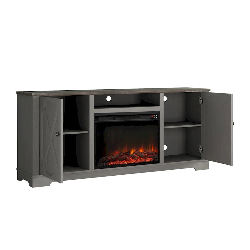 Farmhouse TV Stand with Electric Fireplace and Paneled Storage Cabinets