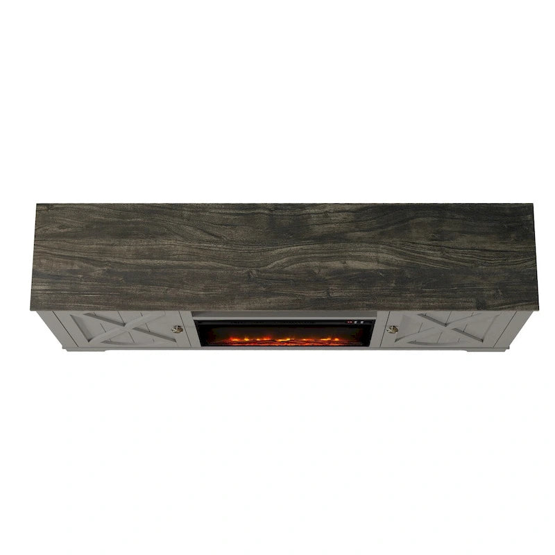 Farmhouse TV Stand with Electric Fireplace and Paneled Storage Cabinets