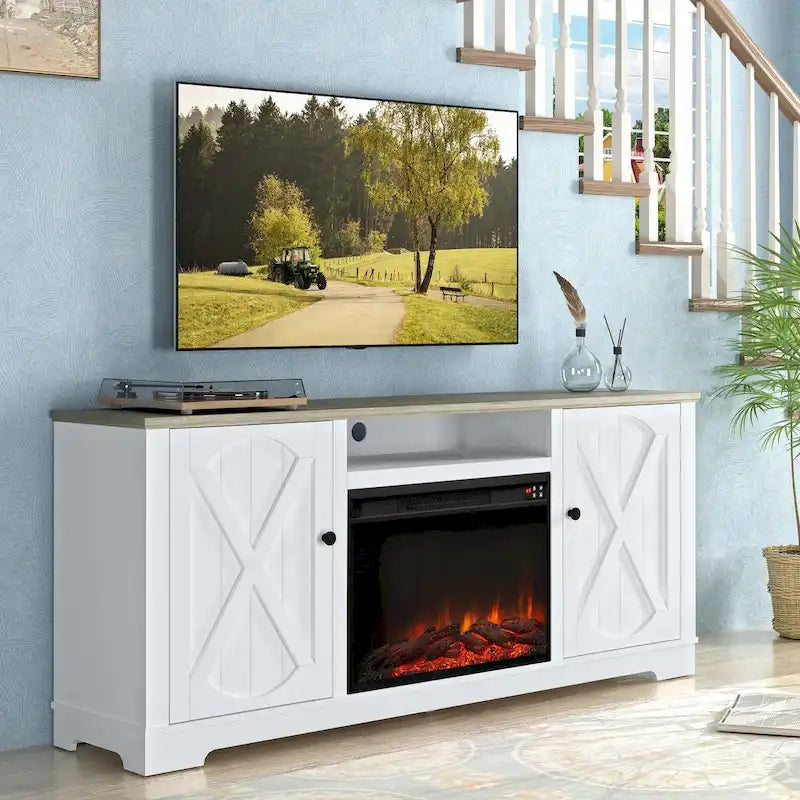 Farmhouse TV Stand with Electric Fireplace and Paneled Storage Cabinets