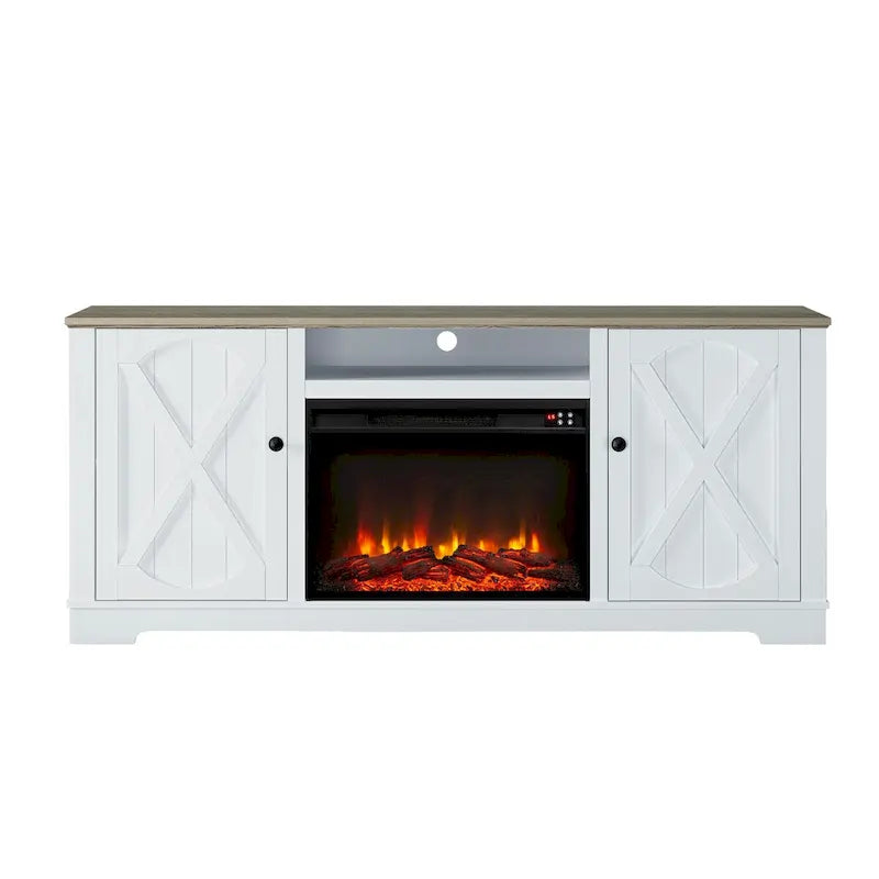 Farmhouse TV Stand with Electric Fireplace and Paneled Storage Cabinets