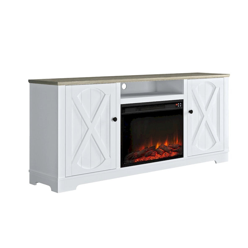 Farmhouse TV Stand with Electric Fireplace and Paneled Storage Cabinets