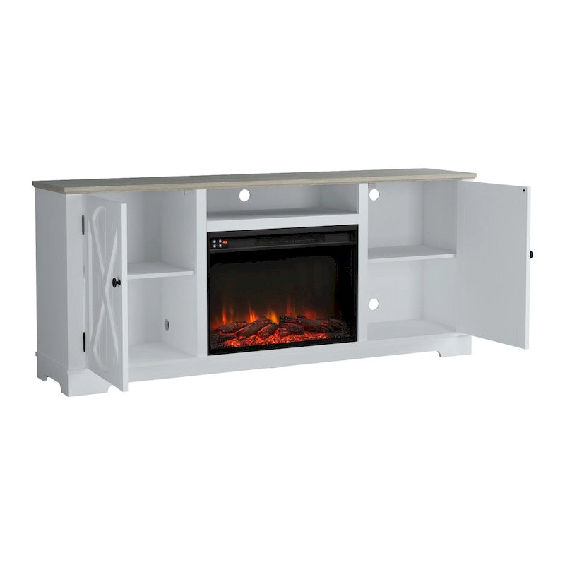 Farmhouse TV Stand with Electric Fireplace and Paneled Storage Cabinets