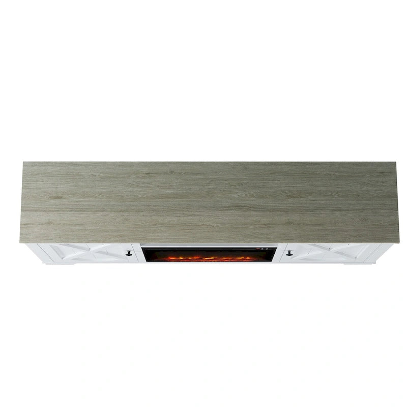 Farmhouse TV Stand with Electric Fireplace and Paneled Storage Cabinets