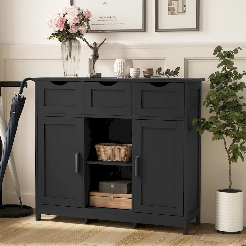 Classic Freestanding Storage Cabinet with Drawers and Adjustable Open Shelves