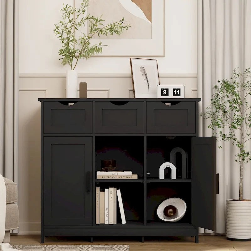 Classic Freestanding Storage Cabinet with Drawers and Adjustable Open Shelves