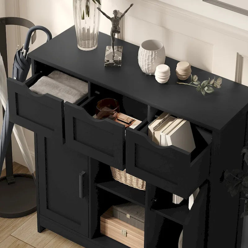 Classic Freestanding Storage Cabinet with Drawers and Adjustable Open Shelves