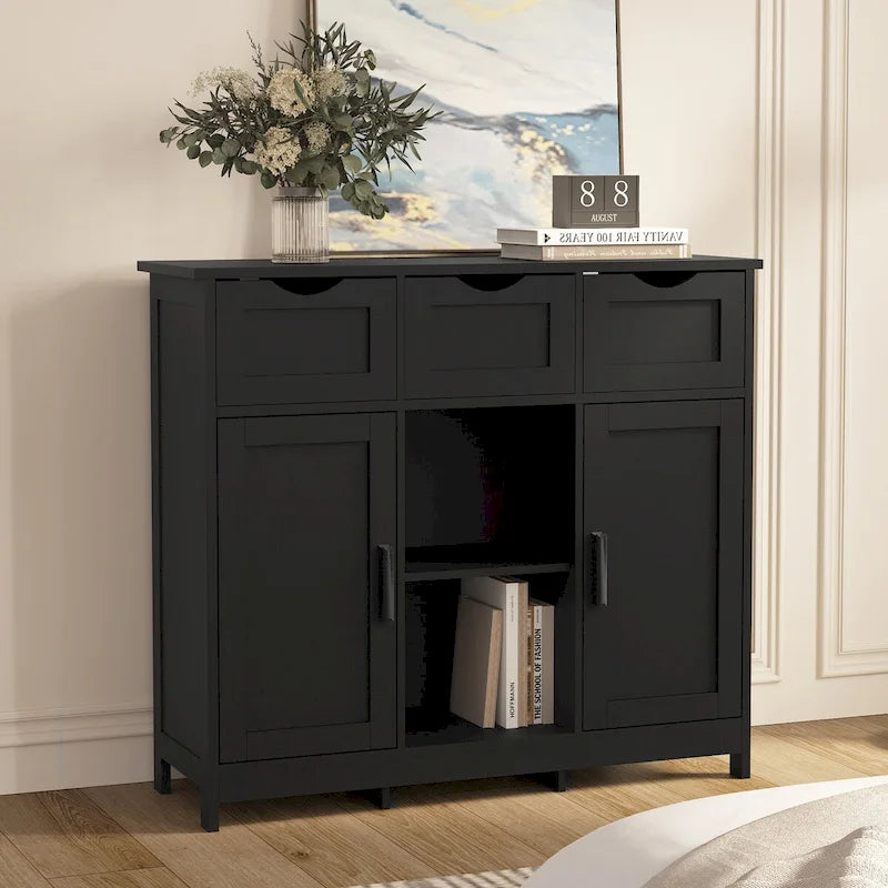 Classic Freestanding Storage Cabinet with Drawers and Adjustable Open Shelves