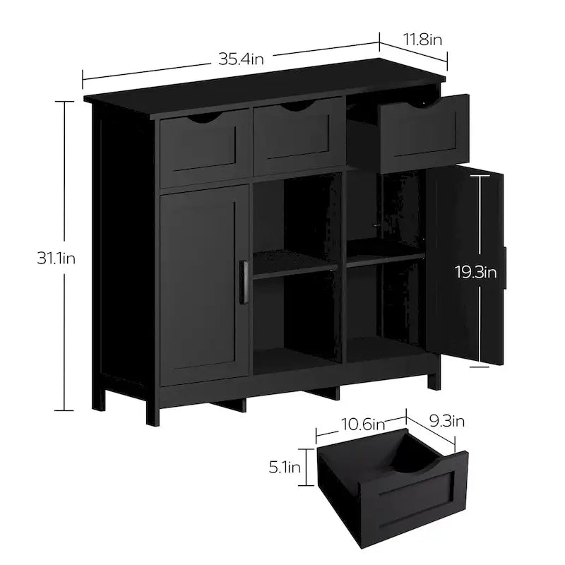 Classic Freestanding Storage Cabinet with Drawers and Adjustable Open Shelves