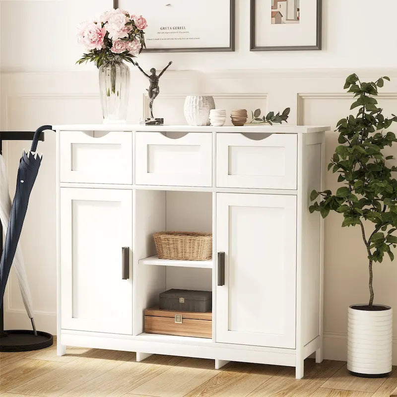 Classic Freestanding Storage Cabinet with Drawers and Adjustable Open Shelves