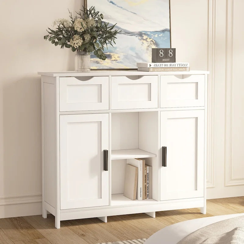 Classic Freestanding Storage Cabinet with Drawers and Adjustable Open Shelves