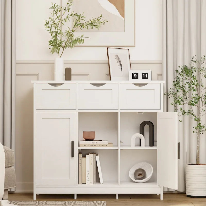 Classic Freestanding Storage Cabinet with Drawers and Adjustable Open Shelves