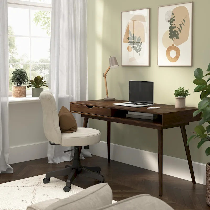 Mid-Century Modern Writing Desk with Drawer Storage and Tapered Legs