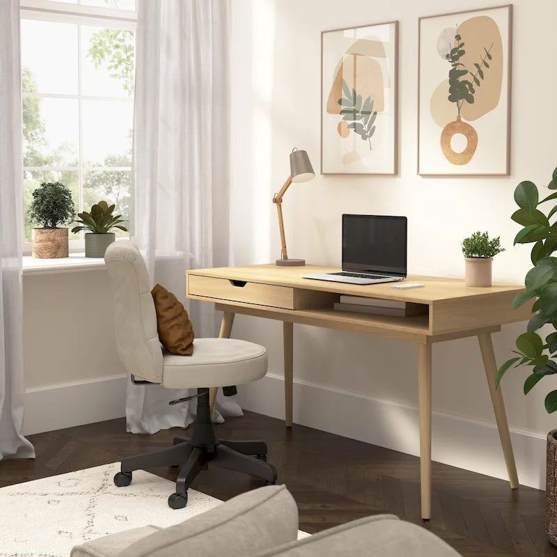 Mid-Century Modern Writing Desk with Drawer Storage and Tapered Legs