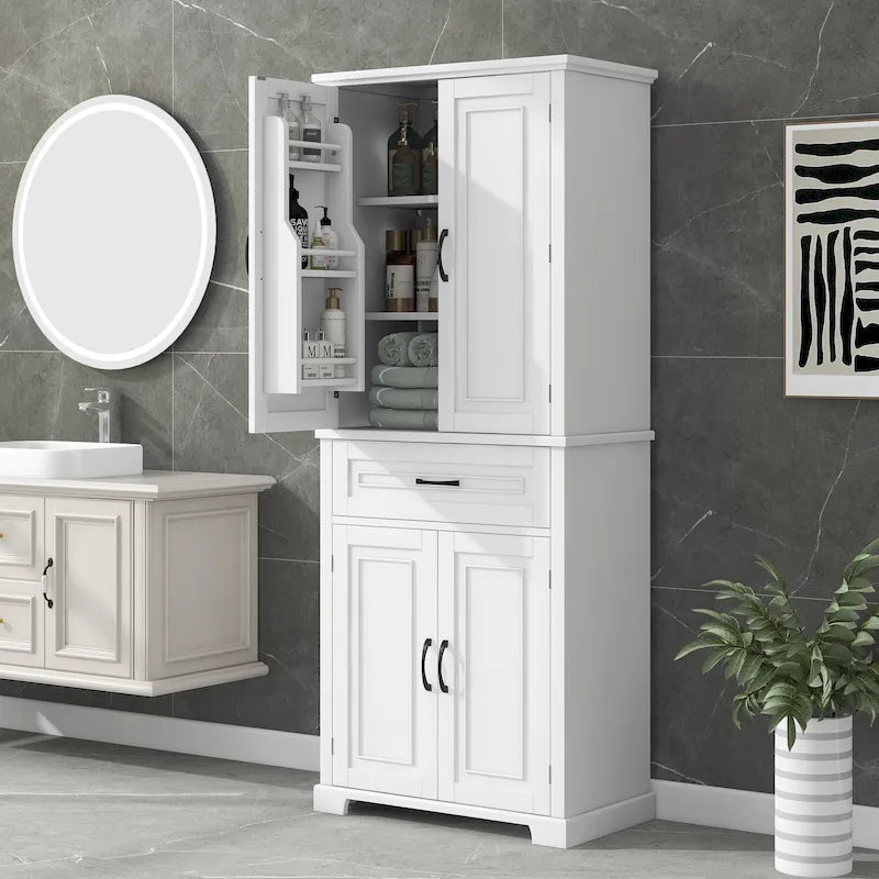 Armoire haute de rangement pour salle de bains avec portes à panneaux et tiroir central
