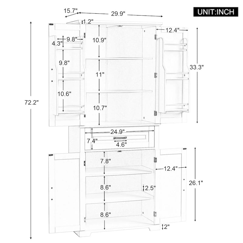 Armoire haute de rangement pour salle de bains avec portes à panneaux et tiroir central