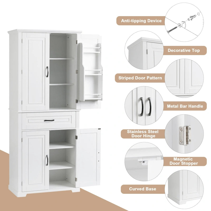 Armoire haute de rangement pour salle de bains avec portes à panneaux et tiroir central