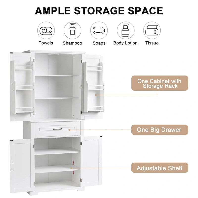 Armoire haute de rangement pour salle de bains avec portes à panneaux et tiroir central