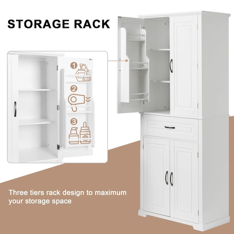Armoire haute de rangement pour salle de bains avec portes à panneaux et tiroir central