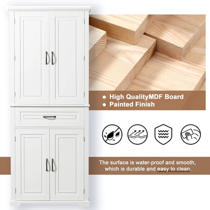 Armoire haute de rangement pour salle de bains avec portes à panneaux et tiroir central