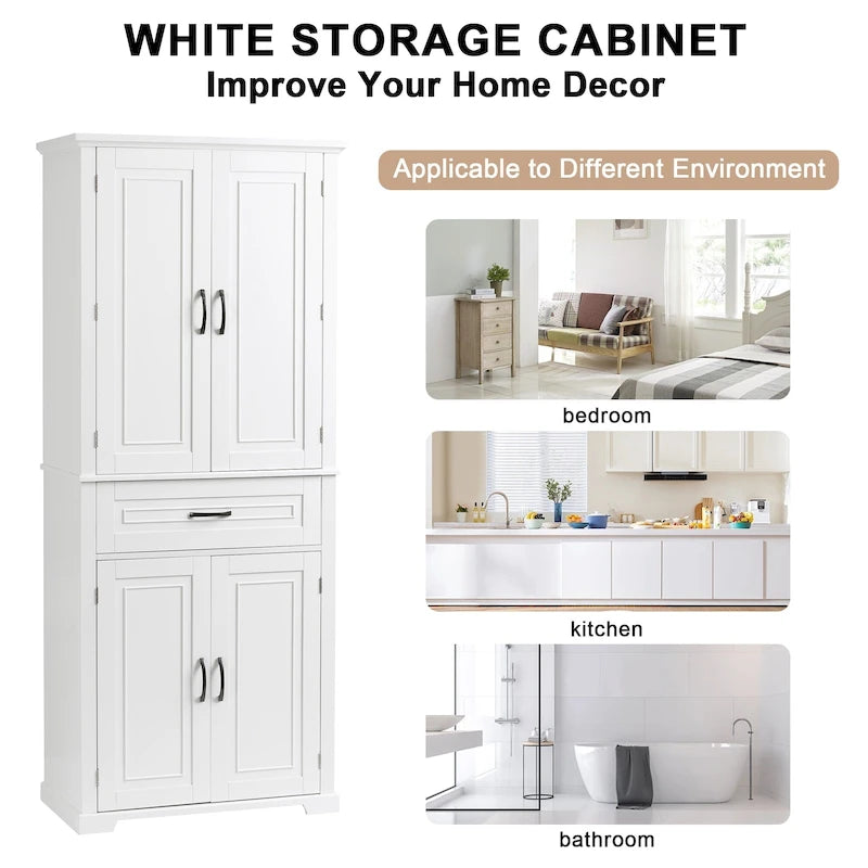 Armoire haute de rangement pour salle de bains avec portes à panneaux et tiroir central