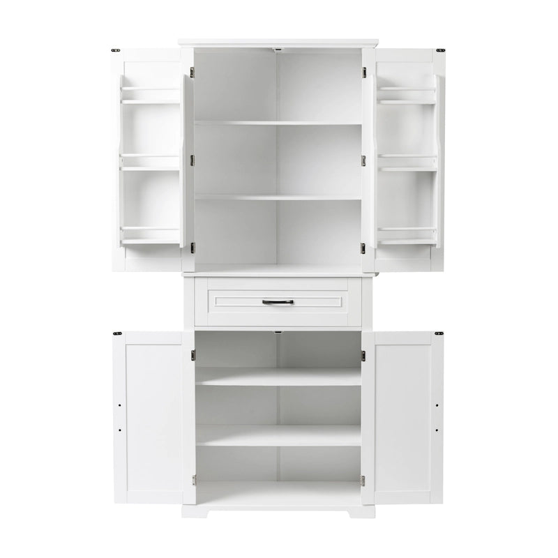 Armoire haute de rangement pour salle de bains avec portes à panneaux et tiroir central