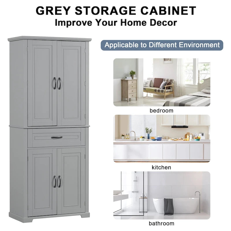 Armoire haute de rangement pour salle de bains avec portes à panneaux et tiroir central