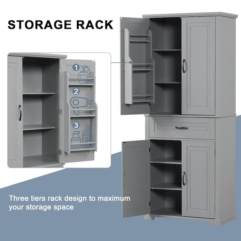 Armoire haute de rangement pour salle de bains avec portes à panneaux et tiroir central