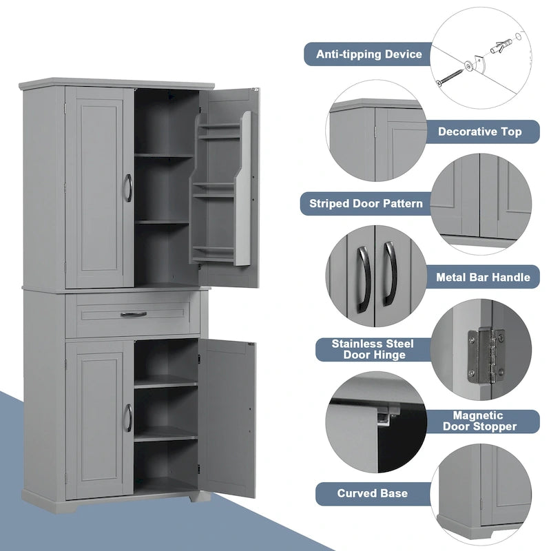 Armoire haute de rangement pour salle de bains avec portes à panneaux et tiroir central
