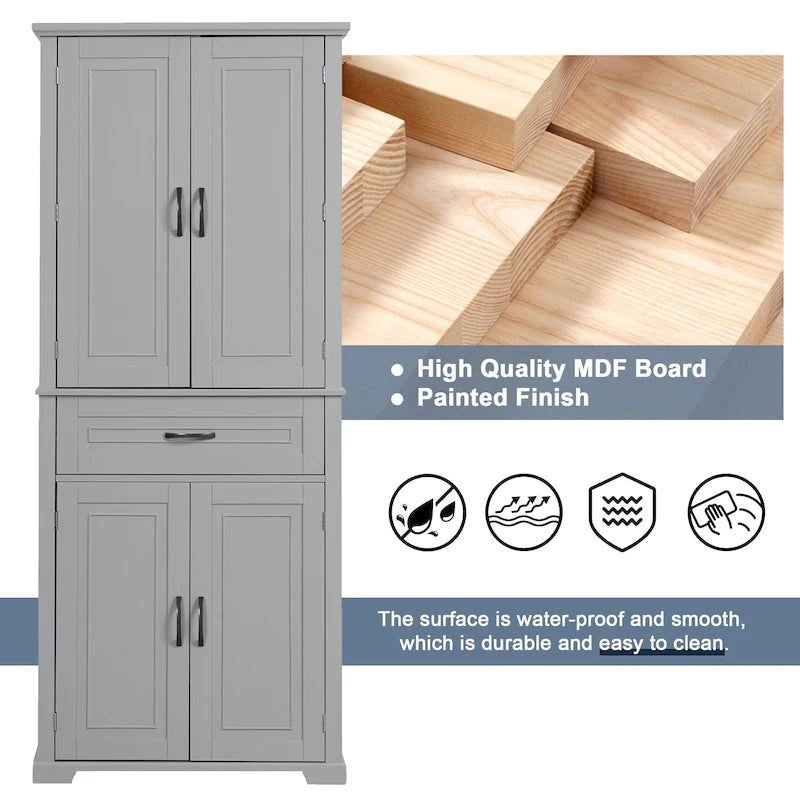 Armoire haute de rangement pour salle de bains avec portes à panneaux et tiroir central