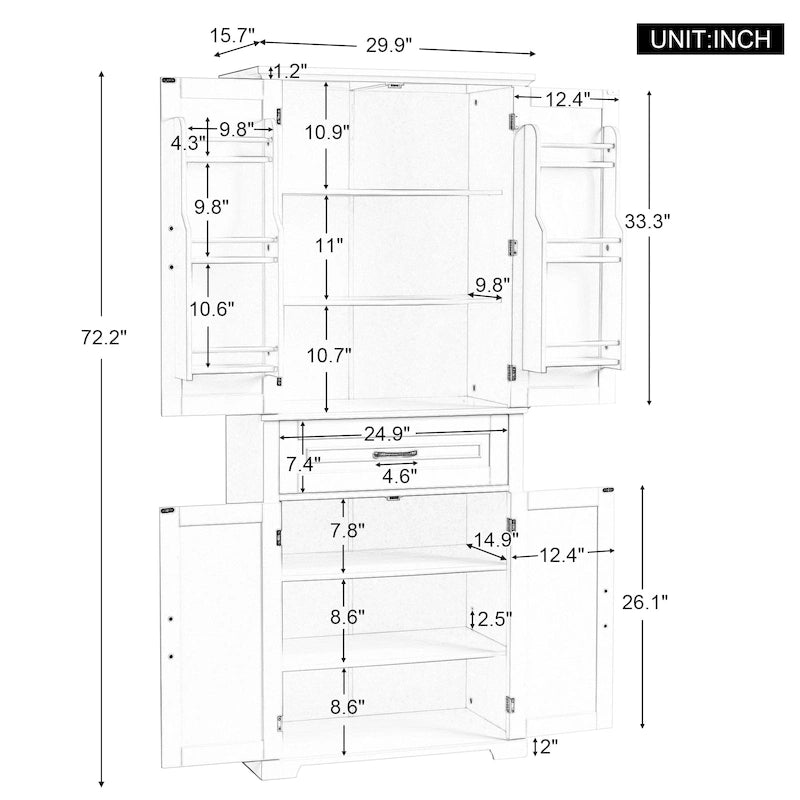 Armoire haute de rangement pour salle de bains avec portes à panneaux et tiroir central