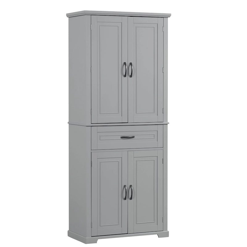 Armoire haute de rangement pour salle de bains avec portes à panneaux et tiroir central