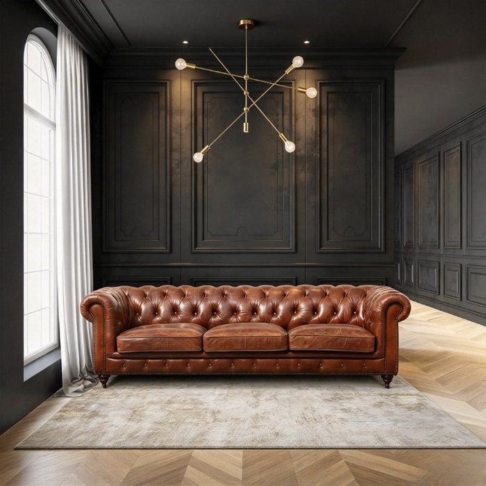 Classic Brown Genuine Leather Tufted Sofa with Rolled Arms and Nailhead Trim